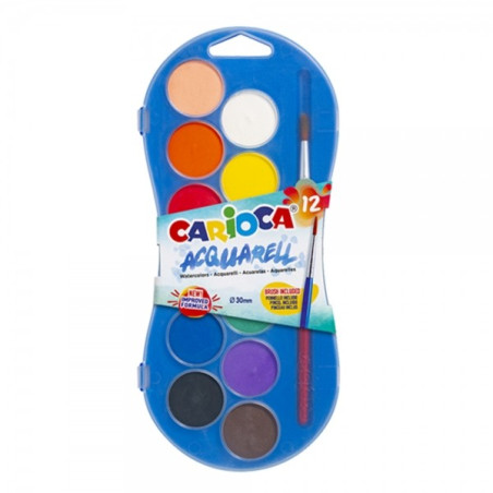 Carioca Aquarelle Pack de 12 Couleurs en Pot - Lumineux - Facilement Mélangable - Ø 30mm - Diverses Couleurs