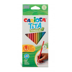 Carioca Tita Lot de 12 Crayons Triangulaires en Résine - Corps Triangulaire - Couleurs Vives et Lavables - Écriture Douce