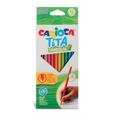 Carioca Tita Lot de 12 Crayons Triangulaires en Résine - Corps Triangulaire - Couleurs Vives et Lavables - Écriture Douce