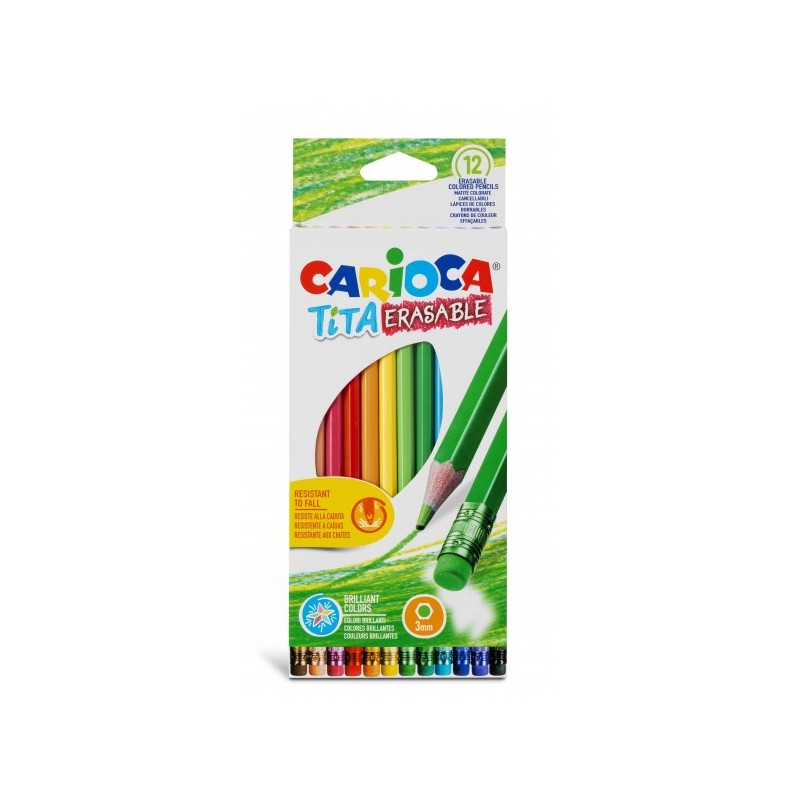 Carioca Tita Lot de 12 Crayons Effaçables en Résine - Corps Hexagonal - Couleurs Vives et Lavables - Écriture Douce