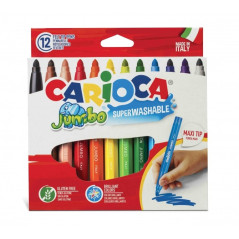Carioca Jumbo Pack de 12 Marqueurs - Corps Maxi Octogonal - Encre Super Lavable - Pointe Verrouillée Maxi 6mm - Capuchon Ventilé