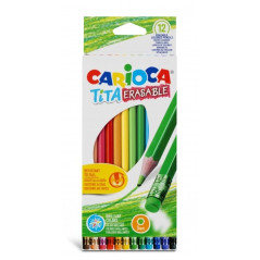 Carioca Tita Lot de 12 Crayons Effaçables en Résine - Corps Hexagonal - Couleurs Vives et Lavables - Écriture Douce