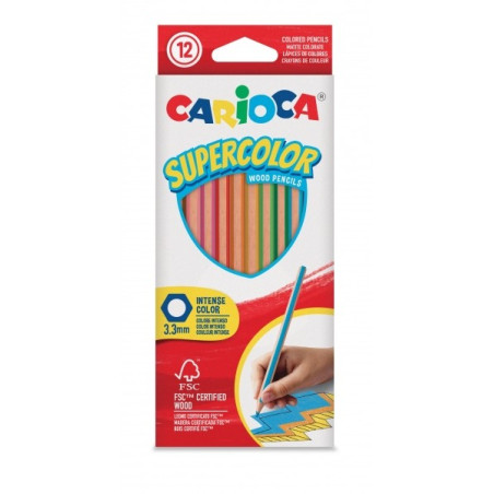 Carioca Supercolor Lot de 12 crayons en bois - Corps hexagonal - Couleurs intenses et grande opacité - Épaisseur 3,3 mm