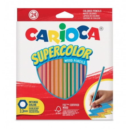 Carioca Supercolor Lot de 24 crayons en bois - Corps hexagonal - Couleurs intenses et grande opacité - Épaisseur 3,3 mm