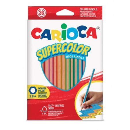 Carioca Supercolor Lot de 36 crayons en bois - Corps hexagonal - Couleurs intenses et grande opacité - Épaisseur 3,3 mm