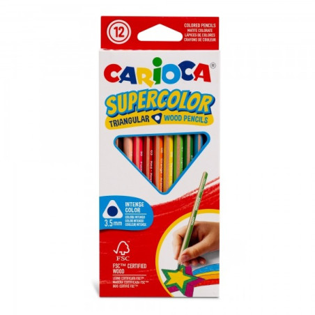 Carioca Supercolor Lot de 12 crayons en bois - Corps triangulaire - Couleurs intenses et grande opacité - Épaisseur 3,5 mm