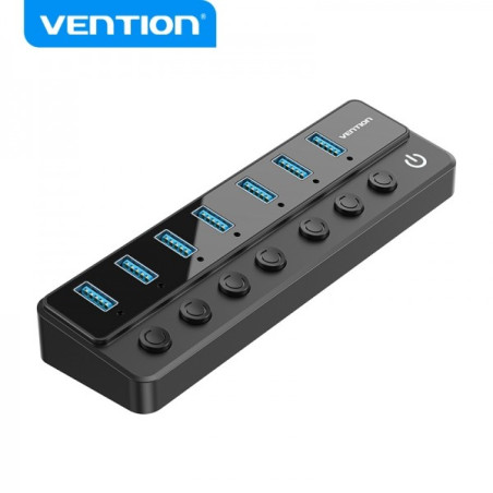 Vention HUB 7 en 1 USB3.0 à 7xUSB3.0 avec commutateurs individuels et alimentation externe - Noir
