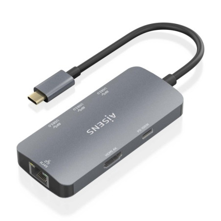 Dock USB-C Aisens 6 en 1 - USB-C vers 1xHDMI - 1xRJ45 - 3xUSB-A - 1xUSB-C PD - 15 cm - Couleur Gris