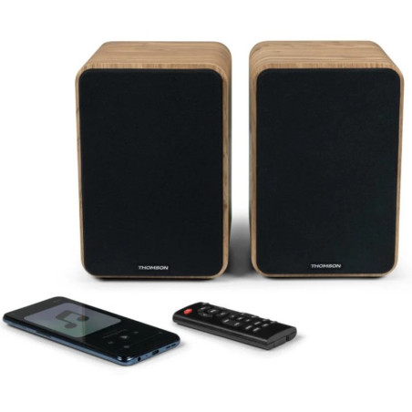 Thomson WS602DUO Haut-parleurs 100W Bluetooth 5.0 - Entrée RCA, Optique - Télécommande - Couleur Bois