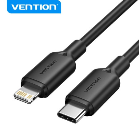 Câble USB-C vers Lightning Vention - Connecteur en nickel - Puissance 27W - Courant 3A - Couleur Noire