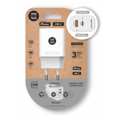 TechOneTech Chargeur Mural PD + QC 25W 1 Port USB-C 3A + 1 Port USB-A