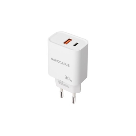 Nanocable Chargeur Mural USB-C/PD + USB-A/QC 30W - Couleur Blanche