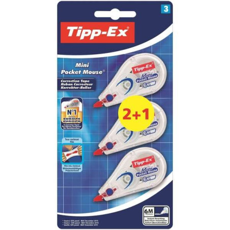Tipp-Ex Mini Pocket Mouse 2+1 Pack de 3 Corrections de Ruban 5mm x 6m - Résistant - Écriture Instantanée (Blister)