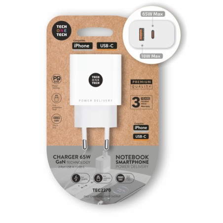 Chargeur mural PD 65W TechOneTech avec 1 port USB-C + 1 port USB-A