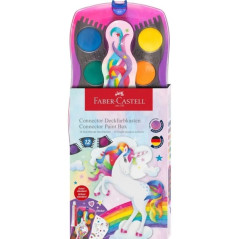Faber-Castell Connector Licorne Pack de 12 Gomme aquarelle en pastille + Peinture blanche opaque + Autocollants