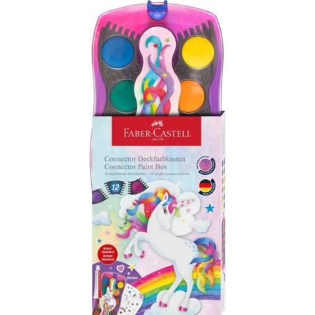 Faber-Castell Connector Licorne Pack de 12 Gomme aquarelle en pastille + Peinture blanche opaque + Autocollants