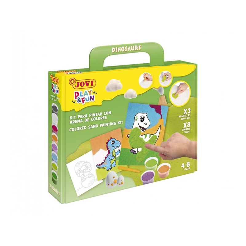 Kit Jovi Play & Fun Peinture avec Sable Dinosaure avec 8 Pots de Sable + 1 Poinçon + 3 Feuilles avec Designs de Dinosaures