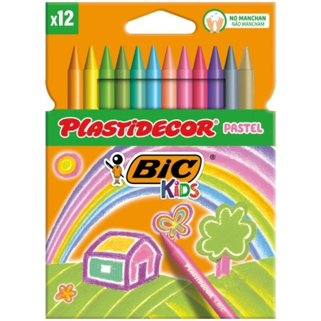 Bic Kids Plastidecor Pastel Boîte de 12 Crayons de Cire - Extra résistant - Facile à tailler - Ne tache pas