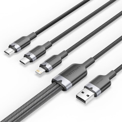 Câble USB-A 2.0 à USB-C, Lightning, Micro-B 3A - 1,5 m - Tressé - Couleur noire