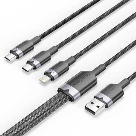 Câble USB-A 2.0 à USB-C, Lightning, Micro-B 3A - 1,5 m - Tressé - Couleur noire