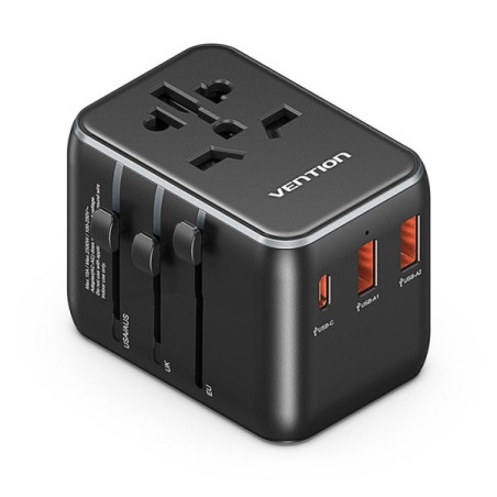 Chargeur de voyage universel Vention - 1xUSB-C, 2xUSB - 20W - Couleur noire
