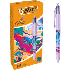 Pack de 12 - Bic 4 Couleurs Décors Stylo à bille rétractable - Pointe moyenne de 1,0 mm - Encre à base d'huile - 4 couleurs