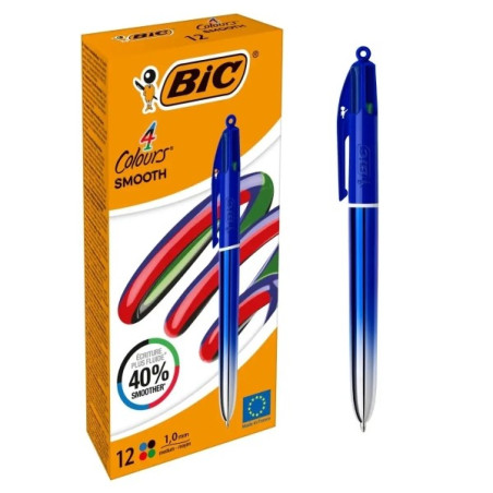 Pack de 12 - Bic 4 Couleurs Dégradé Doux Bleu Stylo à Bille Rétractable - Pointe Moyenne de 1,0 mm