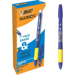 Pack de 12 - Bic Illusions Stylo Effaçable - Pointe Moyenne de 0,7 mm - Grip en Caoutchouc - Rechargeable - Couleur Bleue