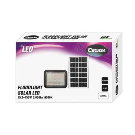 Projecteur Cegasa Foco Solaire LED 2000lm 6500K - Panneau Solaire Intégré 5V-15W - Autonomie jusqu'à 12h - Résistance IP65