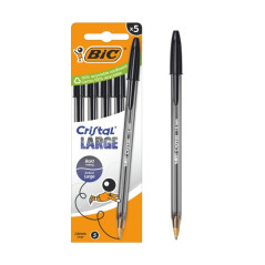 Bic Cristal Grand Paquet de 5 Stylos à Billet - Pointe Ronde de 1,6 mm - Épaisseur de Trait 0,6 mm - Encre à Base d'Huile