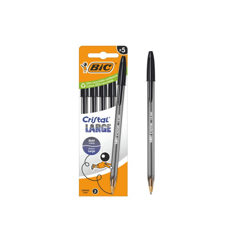 Bic Cristal Grand Paquet de 5 Stylos à Billet - Pointe Ronde de 1,6 mm - Épaisseur de Trait 0,6 mm - Encre à Base d'Huile