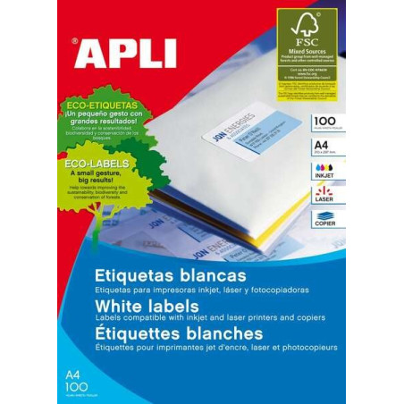 Apli Pack de 100 Etiquettes Permanentes - Format 210 x 297 mm - Usages Multiples - Couleur Blanc