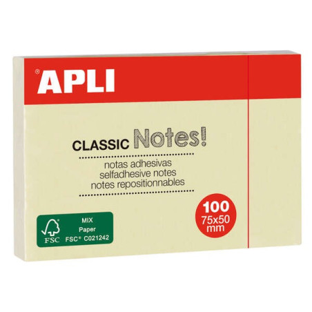 Apli Classic Sticky Notes 75x50mm Bloc 100 Feuilles - Adhésif de qualité - Facile à décoller - Idéal pour les rappels - Jaune