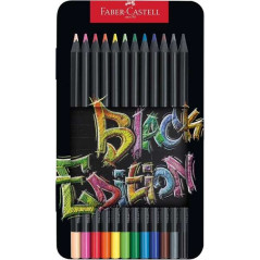 Faber-Castell Black Edition Boîte Métal de 12 Crayons de Couleur - Mine Super Douce - Bois Noir