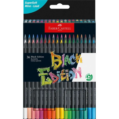 Faber-Castell Black Edition Pack de 36 Crayons de Couleur - Mine Super Douce - Bois Noir