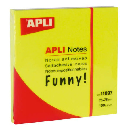 Apli Funny Sticky Notes 75x75 mm - Bloc de 100 feuilles - Adhésif de qualité - Facile à décoller - Couleur Jaune Fluo