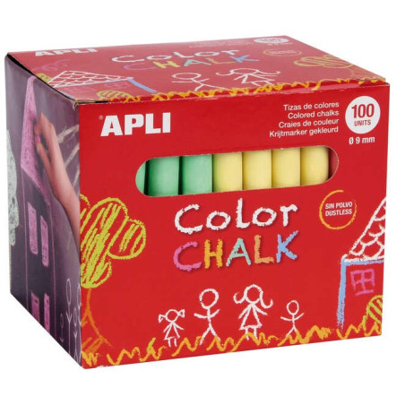 Apli Pack de 100 craies rondes de couleurs assorties Ø 9 x 80 mm - Sans poussière