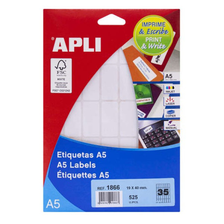 Apli Pack de 525 étiquettes A5 190 x 400 mm - Blanc