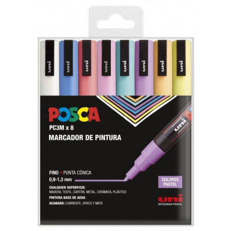 Posca PC3M Lot de 8 marqueurs peinture - Pointe conique 0,9-1,3 mm - Encre à base d'eau - Résistant à la lumière
