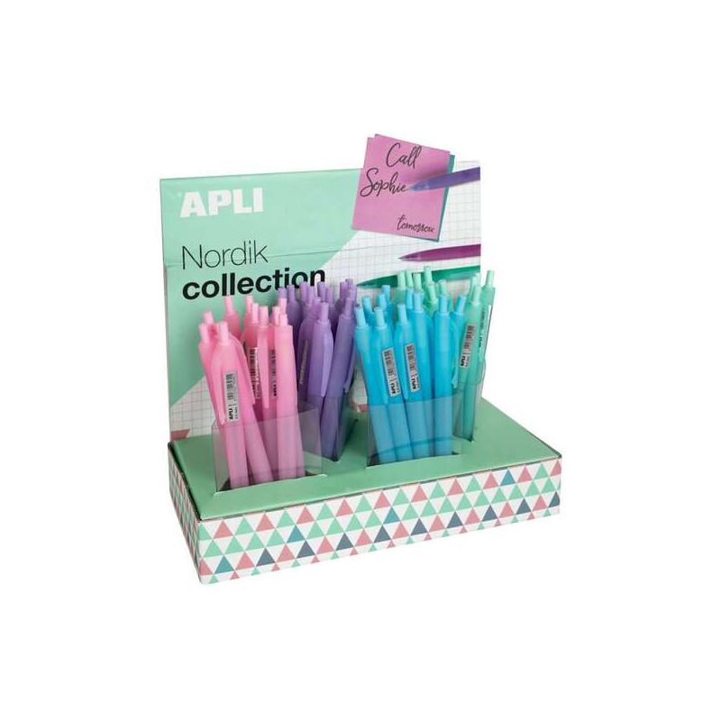 Présentoir Apli Nordik avec 48 stylos gel - Pointe 0,5 mm - Encre bleue - Finition silicone - Couleurs de corps assorties