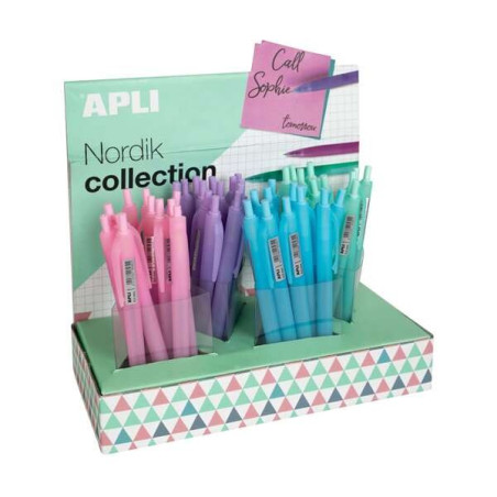 Présentoir Apli Nordik avec 48 stylos gel - Pointe 0,5 mm - Encre bleue - Finition silicone - Couleurs de corps assorties