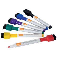 Nobo Mini marqueur pour tableau blanc avec capuchon gomme magnétique - 6 couleurs assorties - Pointe fine 2 mm