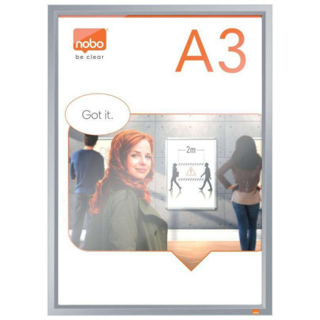 Nobo Porte-affiche avec cadre à clip en aluminium A3 – Cadre anodisé élégant – Mécanisme de clip à clipser – Surface