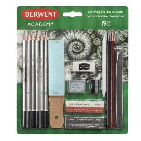 Derwent Academy Sketching Pack de 6 crayons graphite de duretés assorties, 2 blocs de graphite, 2 barres de dessin sans bois, 2