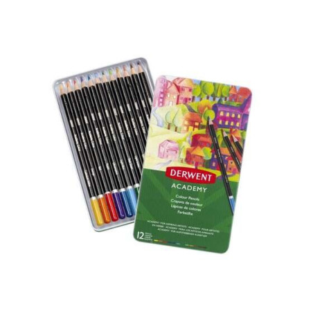 Derwent Academy Lot de 12 crayons de couleur de haute qualité – Transfert de couleur parfait – Corps en bois naturel – Couleurs