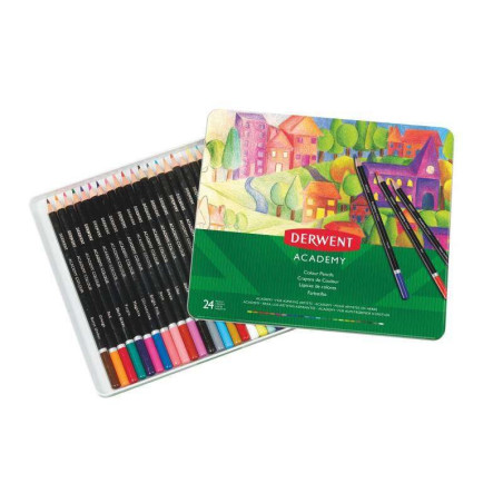 Derwent Academy Lot de 24 crayons de couleur de haute qualité – Transfert de couleur parfait – Corps en bois naturel – Couleurs