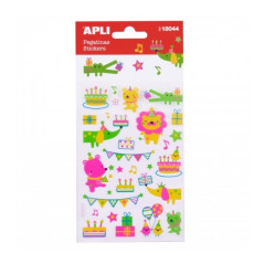 Apli Sachet de Stickers Animaux et Fête d'Anniversaire - Finition Néon - Adhésif Permanent