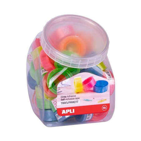 Apli Display avec 50 rubans adhésifs transparents 19 mm x 20 m - Forte adhérence - Couleurs de mandrin assorties