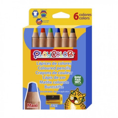 PlayColor Maxi Pack de 6 Crayons de Couleur à Pointe Épaisse + Taille-Taille - Trait Extra Lisse