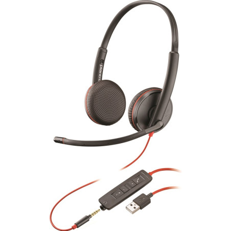 Casque Plantronics/Poly Blackwire C3225 avec microphone USB/prise 3,5 mm - Oreillettes rembourrées - Commandes par câble